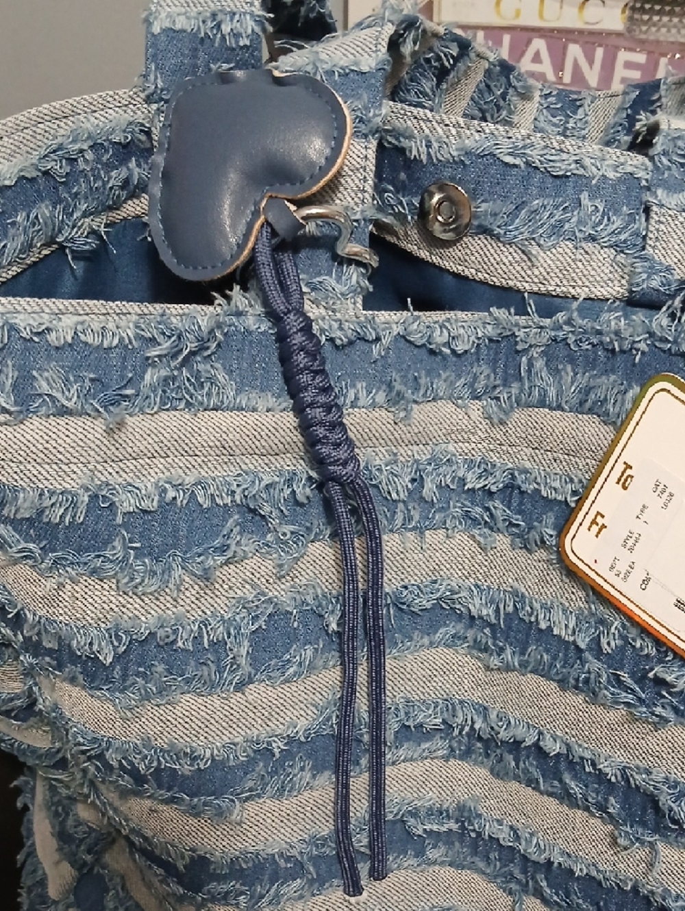 New! Striped Blue Denim Frayed Tote Bag - NWT - Picture 2 of 10